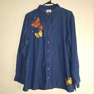 Women's Gunit Fashions Denim Shirt with Butterfly Appliques Large